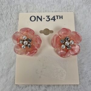 ON 34TH Pink Floral Statement Stud Earrings Pearl Rhinestone